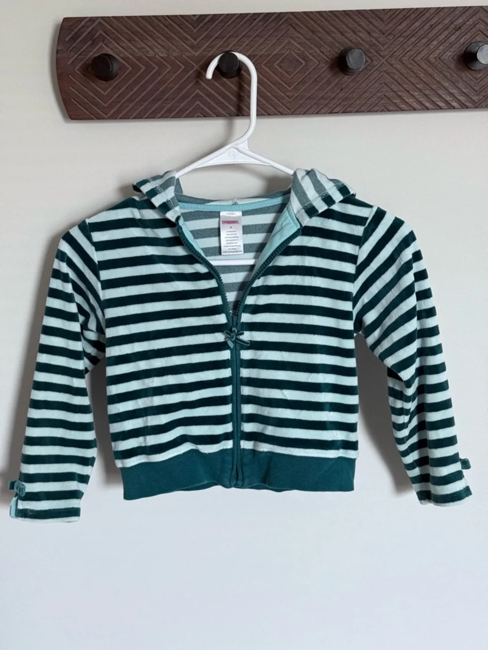 Gymboree Green Teal Striped Velvet Bow Full Zip Hoodie Hooded Sweatshirt Girls 6